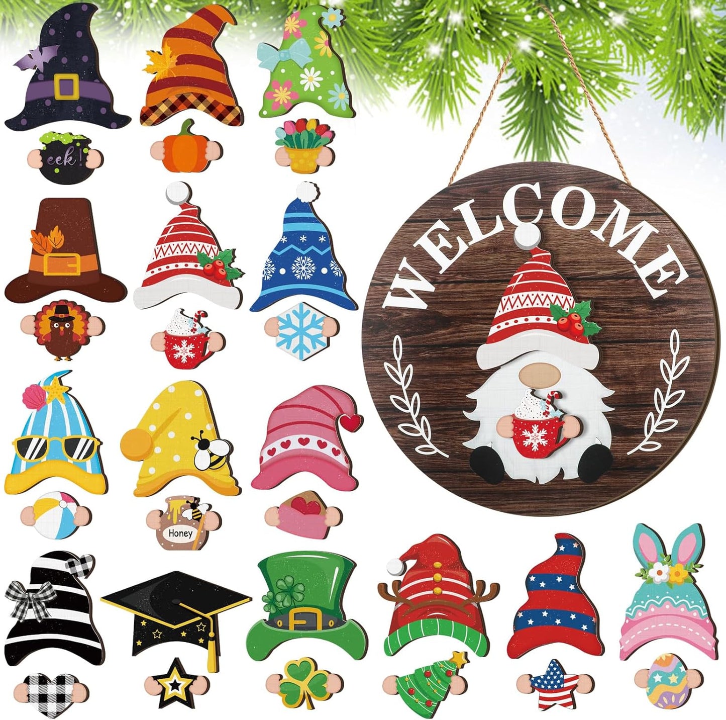 🏡 Interchangeable Wooden Welcome Sign - 15 Seasonal Gnome Accessories