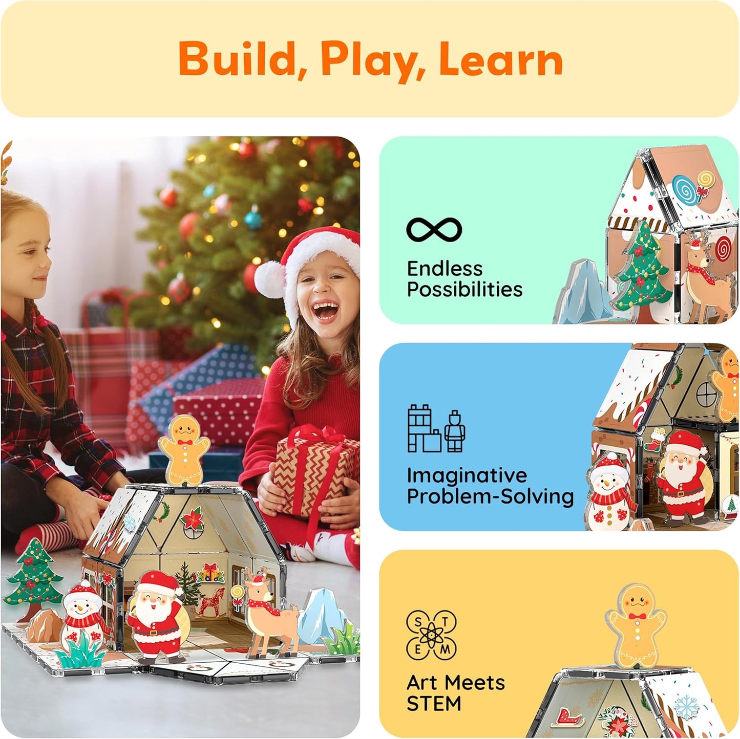 🎄Magnetic Tiles Gingerbread House Holiday✨ -Character Action Figures Santa🎉