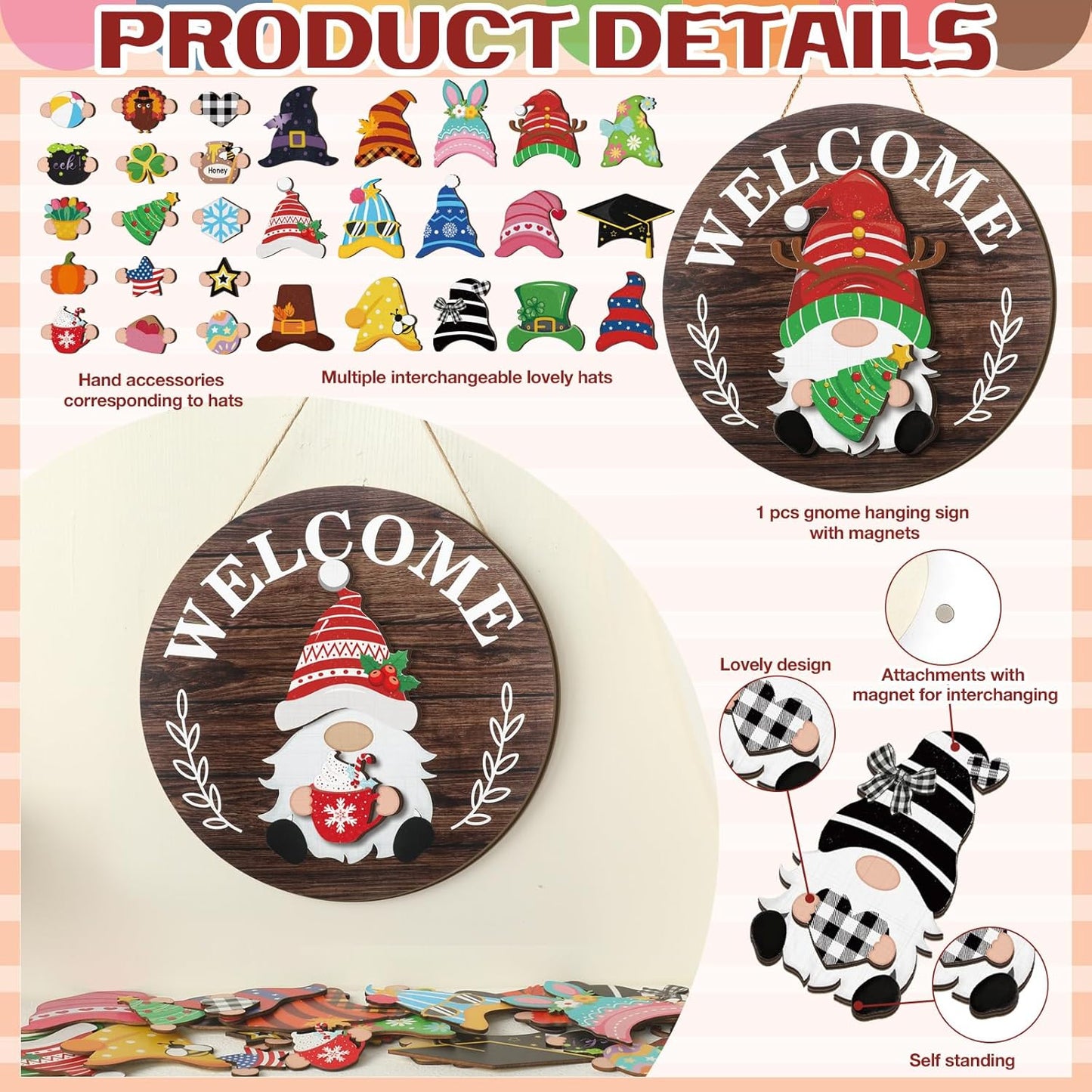 🏡 Interchangeable Wooden Welcome Sign - 15 Seasonal Gnome Accessories