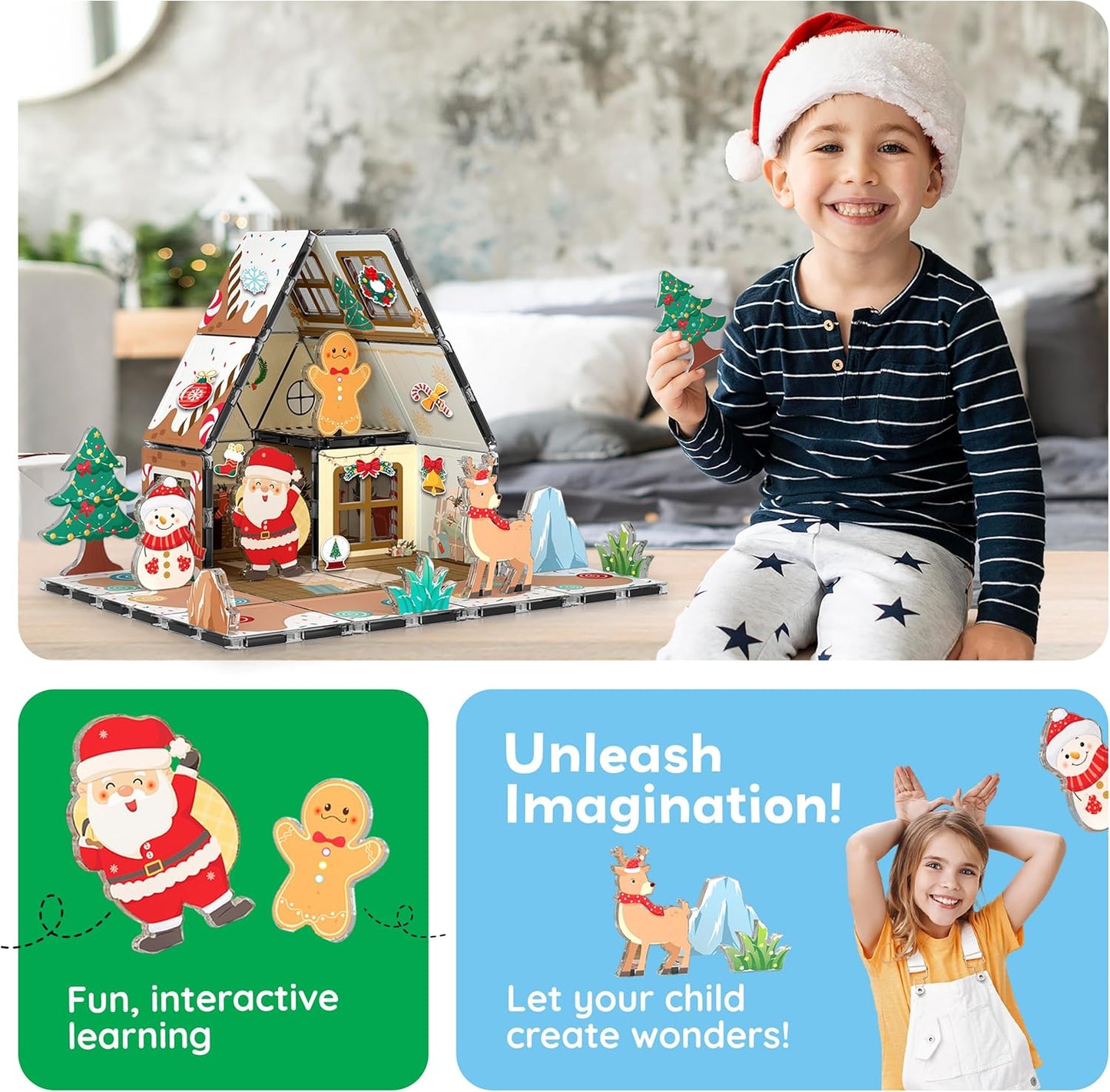 🎄Magnetic Tiles Gingerbread House Holiday✨ -Character Action Figures Santa🎉