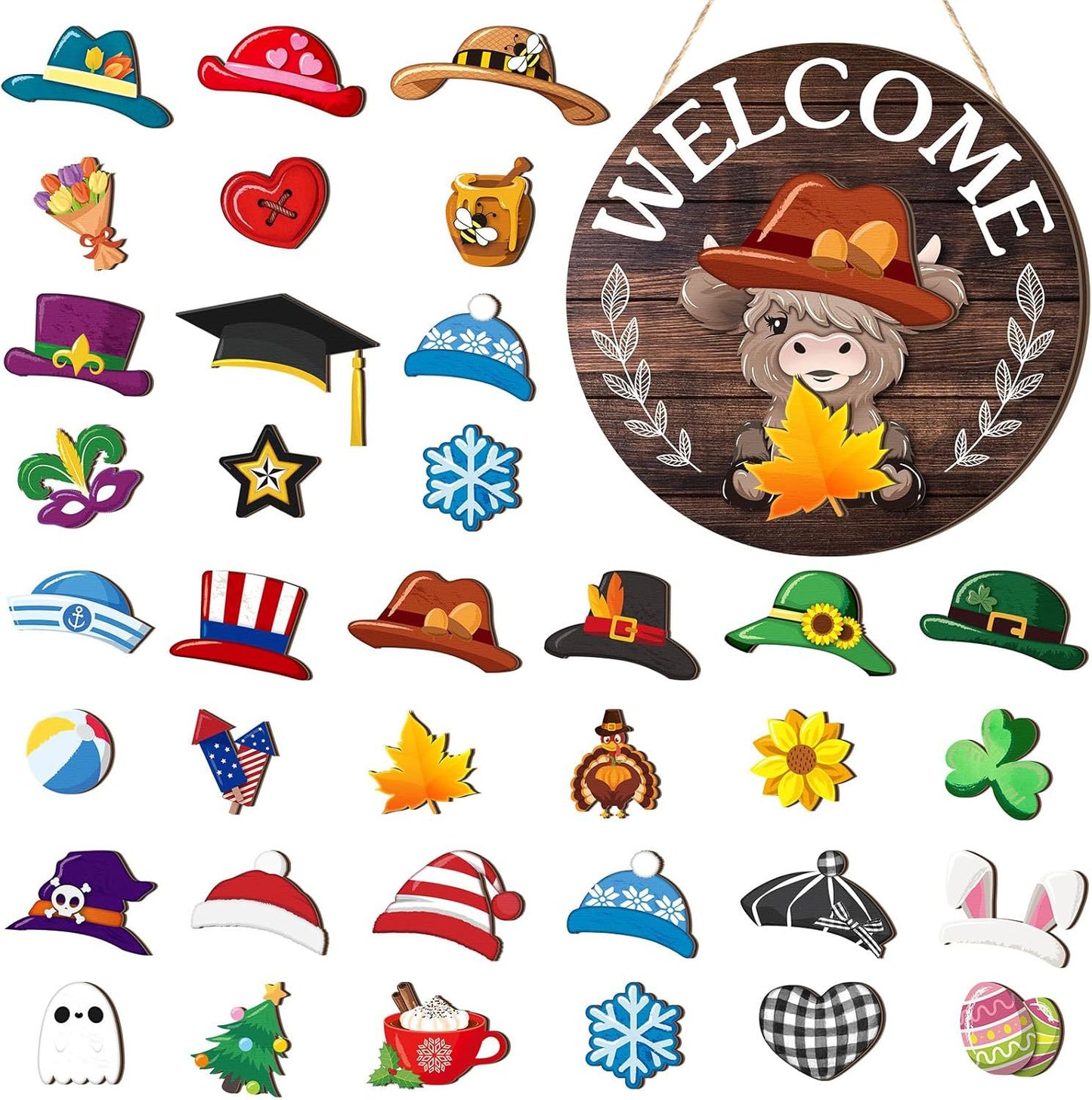 🏡 Interchangeable Wooden Welcome Sign - 15 Seasonal Gnome Accessories