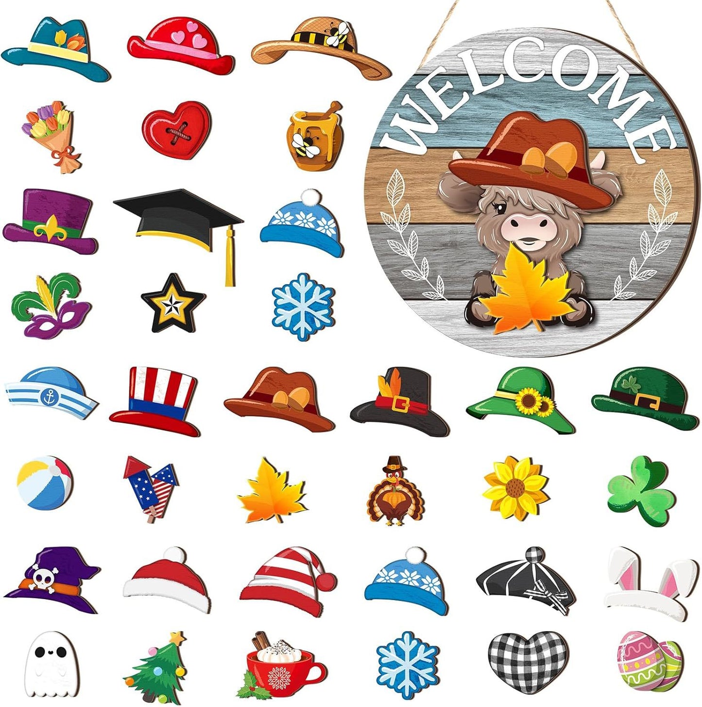 🏡 Interchangeable Wooden Welcome Sign - 15 Seasonal Gnome Accessories